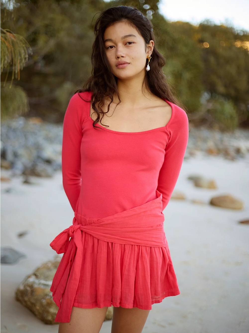 Free People Lexi Drop Waist Mini Dress Long Sleeve Pink Coquette Large